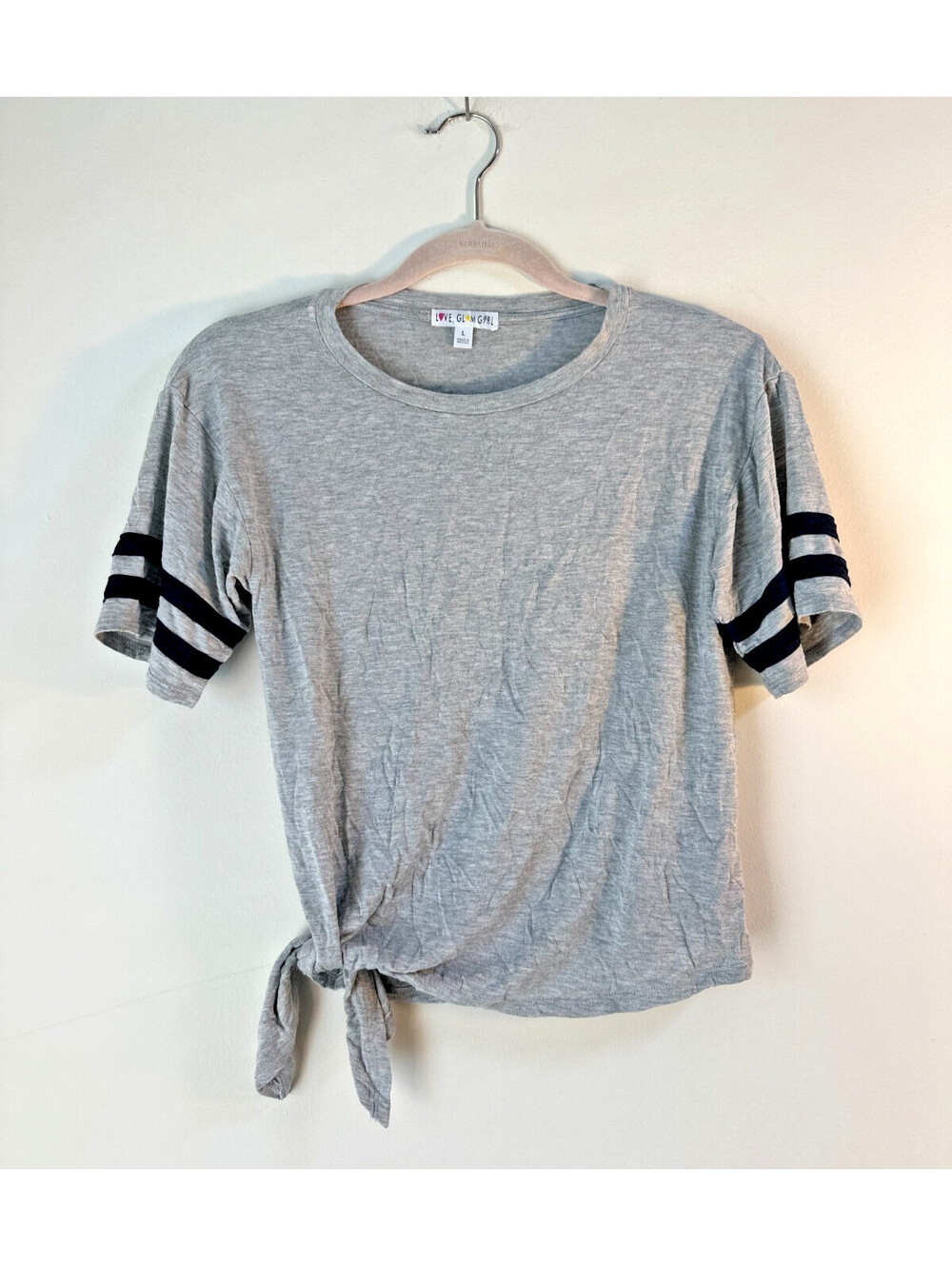 Love Glam Girl Womens L Gray Tie Front Varsity Stripe Short Sleeve T Shirt